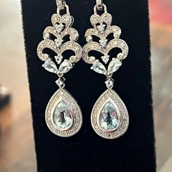 Aquamarine Vintage‎ Teardrop Diamond White Gold Earrings - Picture 5 of 5
